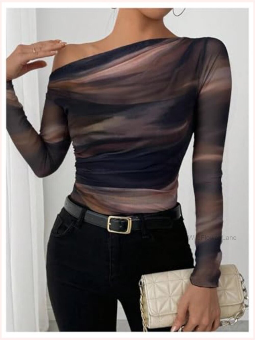 Asymmetric Off The Shoulder Long Sleeve Mesh Top - Picture 5 of 5